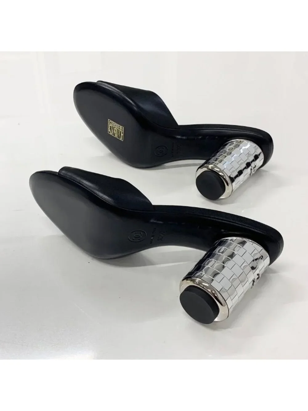 Chanel CC Logo Leather Mirror Heel Sandals Black
